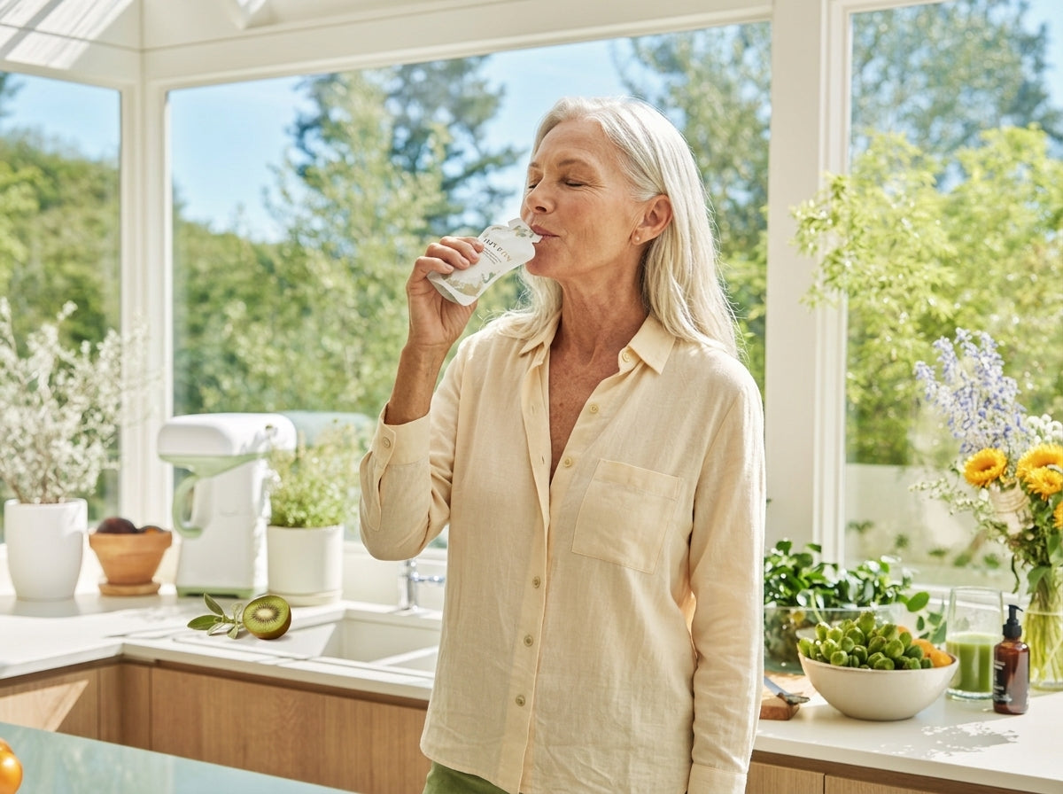 A radiant woman in her sixties laughing in a sun-filled kitchen