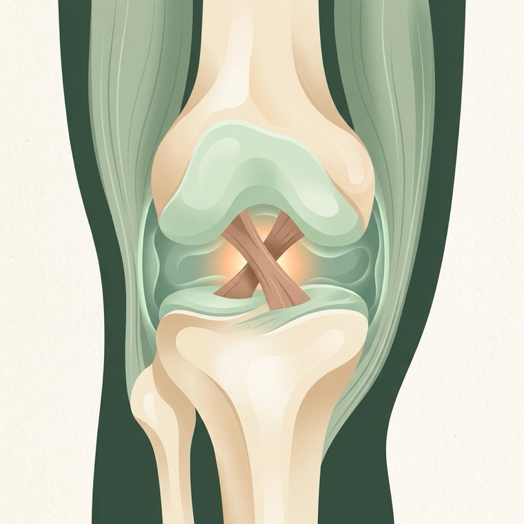 An illustrated cross-section of a joint, showing cartilage, synovial fluid, ligaments, bone and muscle