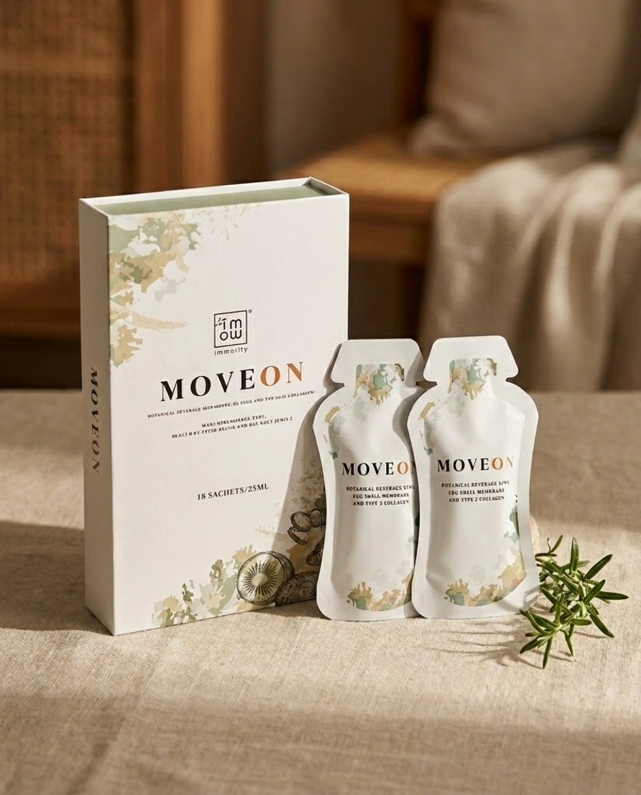 The MoveOn box with two sachets on warm linen