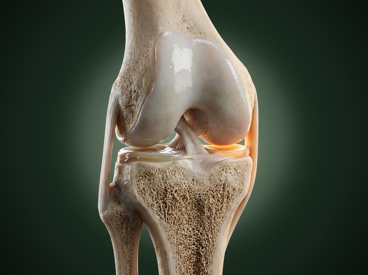 Photorealistic 3D render of a knee joint showing cartilage, dense bone and connective tissue