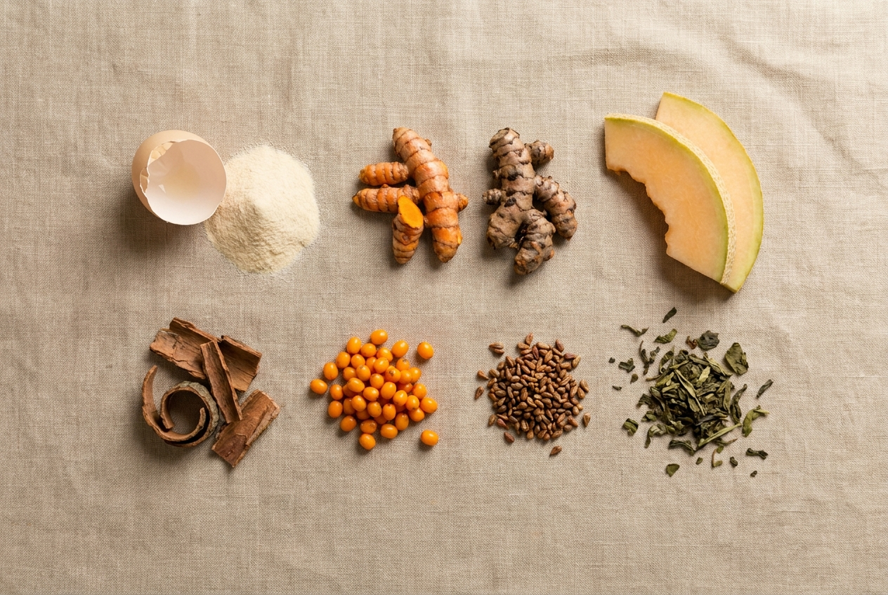 Single-origin actives laid out by source: eggshell, collagen, turmeric, melon, pine bark, sea buckthorn, grape seed, green tea