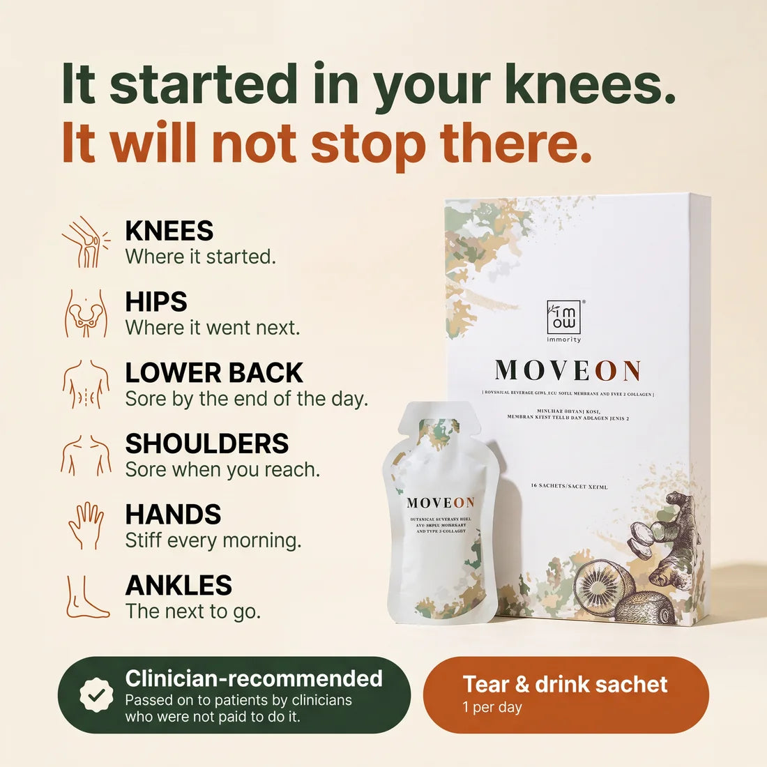It started in your knees, it will not stop there: one drink for knees, hips, lower back, shoulders, hands and ankles