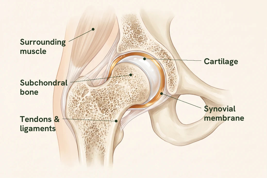 Labeled hip joint cross-section: surrounding muscle, subchondral bone, cartilage, tendons and ligaments, synovial membrane