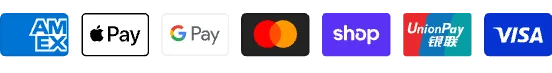 Amex, Apple Pay, Google Pay, Mastercard, Shop Pay, UnionPay and Visa accepted