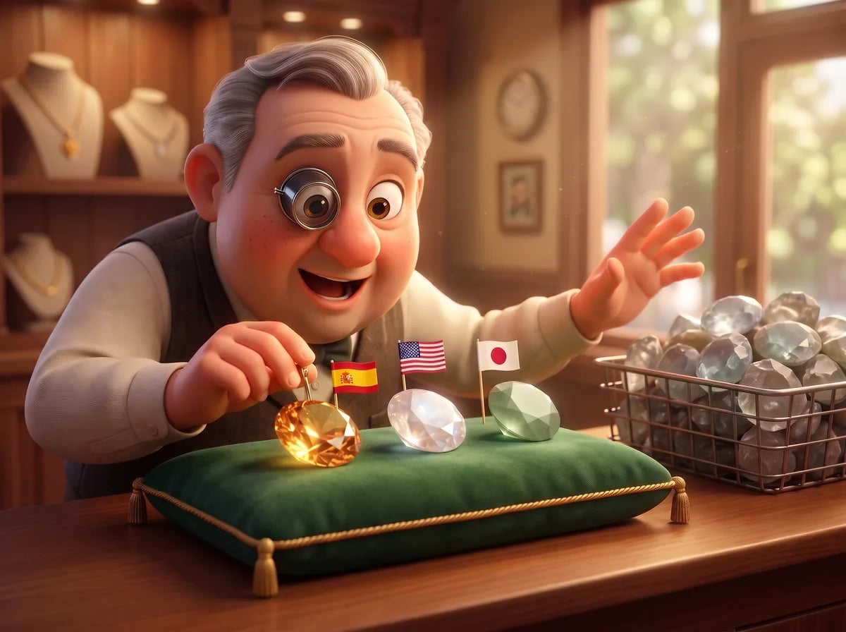 A jeweler admiring three glowing gems flagged Spain, USA and Japan while waving away a bin of cheap lookalikes