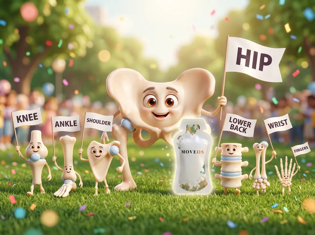 A parade of joint characters made of bone, each holding a flag with its name: knee, ankle, shoulder, lower back, wrist and fingers, with the hip towering over them all holding the biggest flag, beside a MoveOn sachet