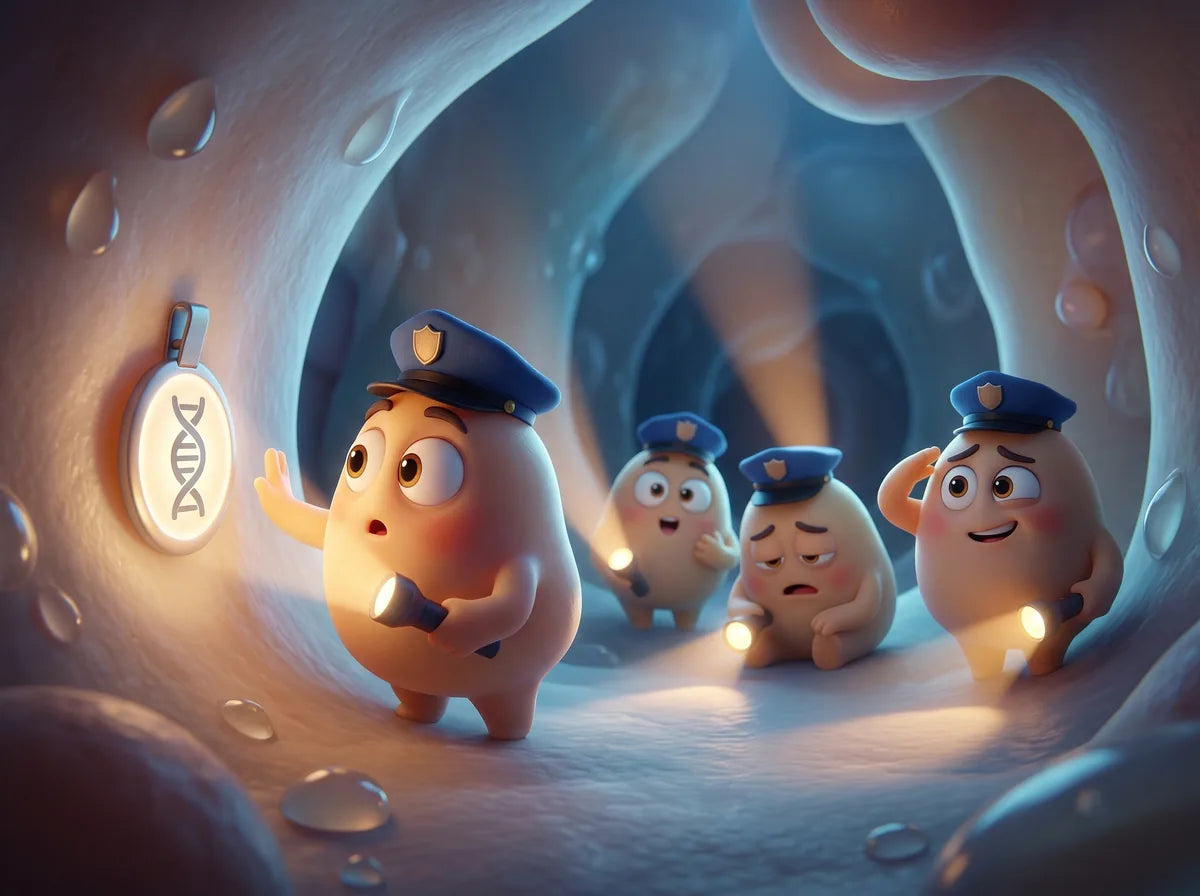 Tiny immune guards with flashlights stop to read a badge on the cartilage wall and back off