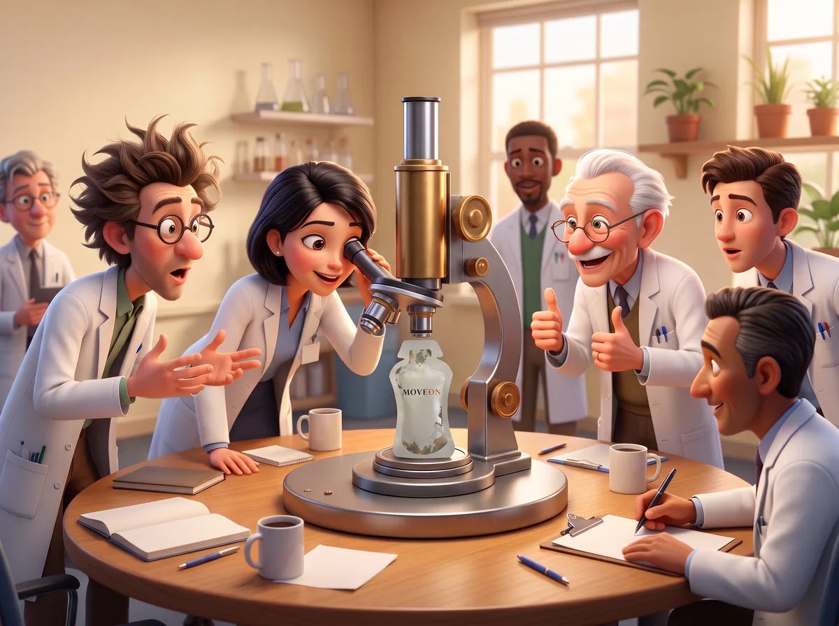 A table of doctors and scientists crowding around a MoveOn sachet under a giant microscope