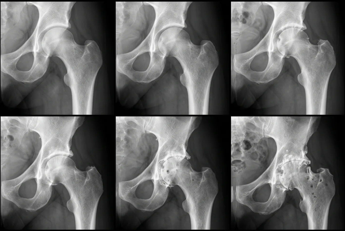 Six hip X-rays from healthy to bone on bone: the gap in the joint narrows, bone spurs grow and the ball of the thigh bone flattens