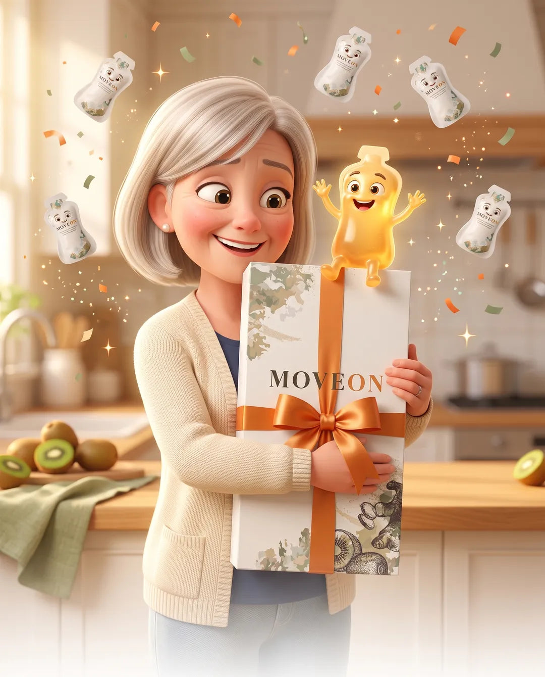 Linda hugging a box of MoveOn with the MoveOn sachet character waving on top